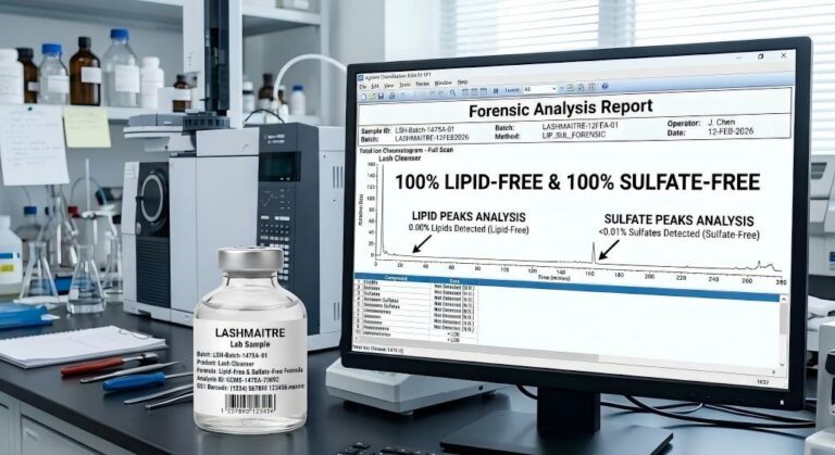 Gas chromatography mass spectrometry lab data proving the purity of an OEM oil free eyelash extension cleanser for B2B procurement