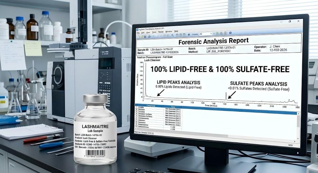 Gas chromatography mass spectrometry lab data proving the purity of an OEM oil free eyelash extension cleanser for B2B procurement