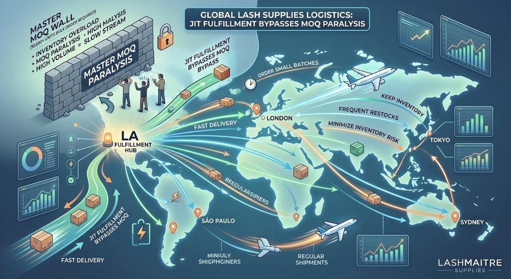 An informative global logistics infographic titled 'GLOBAL LASH SUPPLIES LOGISTICS: JIT FULFILLMENT BYPASSES MOQ PARALYSIS'. The graphic is a world map centered on the 'LA FULFILLMENT HUB'. On the left, a conceptual illustration of a 'MASTER MOQ WALL' (10,000+ units bulk order required) represents the bottleneck of 'MASTER MOQ PARALYSIS', blocking smaller, frequent restocks. Fast 'JIT FULFILLMENT BYPASSES MOQ' arrows illustrate a streamlined supply stream of small batches flowing around this wall. Multiple glowing network lines with small delivery vehicles and speed icons connect LA directly to global destinations including LONDON, SÃO PAULO, TOKYO, and SYDNEY. Callouts show benefits: 'FAST DELIVERY', 'REGLUAR SHIPMENTS', 'ORDER SMALL BATCHES', 'FREQUENT RESTOCKS', 'MINIMIZE INVENTORY RISK', and 'KEEP INVENTORY FRESH'. The clean art style uses blues, greens, and oranges.