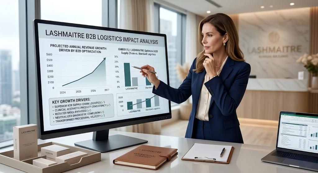 A professional LASHMAITRE franchise owner reviewing a digital dashboard displaying ascending revenue growth and GMROI charts, optimized by superior B2B supply chain logistics and clinical product consistency.