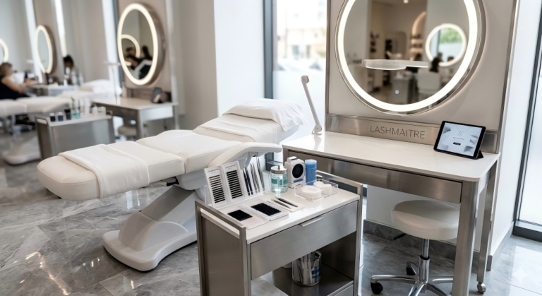 Professional salon workstation optimized for rapid aesthetic services and high chair turnover using premium materials.
