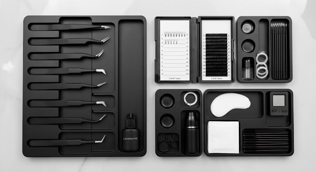 Highly efficient salon workstation top-down view displaying curated modular matte-black organization trays, nine specialized precision tweezers, sterilized micro-brushes, customized lash palettes, and advanced adhesive, highlighting an integrated and standardized elite service configuration.