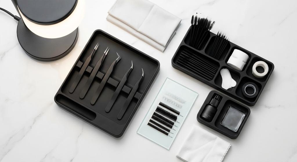Top-down view of an impeccably organized LASHMAITRE aesthetic workstation, featuring curated matte-black organizer trays holding categorized individual lash trays, five specialized precision tweezers, sterilized micro-brushes, medical tape, and expert adhesive, highlighting a rapid and efficient elite service configuration.