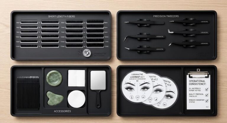 Top-down flat-lay photograph of a meticulously organized LASHMAITRE professional aesthetic workstation on a light wood surface, featuring four premium matte-black organization trays filled with neatly arranged categorized short length lash fibers (8mm-11mm), eight specialized precision tweezers, sterilized accessories, interactive lash map guides (v3.1, v3.2, v3.0), and an operational consistency quality protocol checklist (v2.2), demonstrating a highly efficient operational setup for elite fanning mastery.