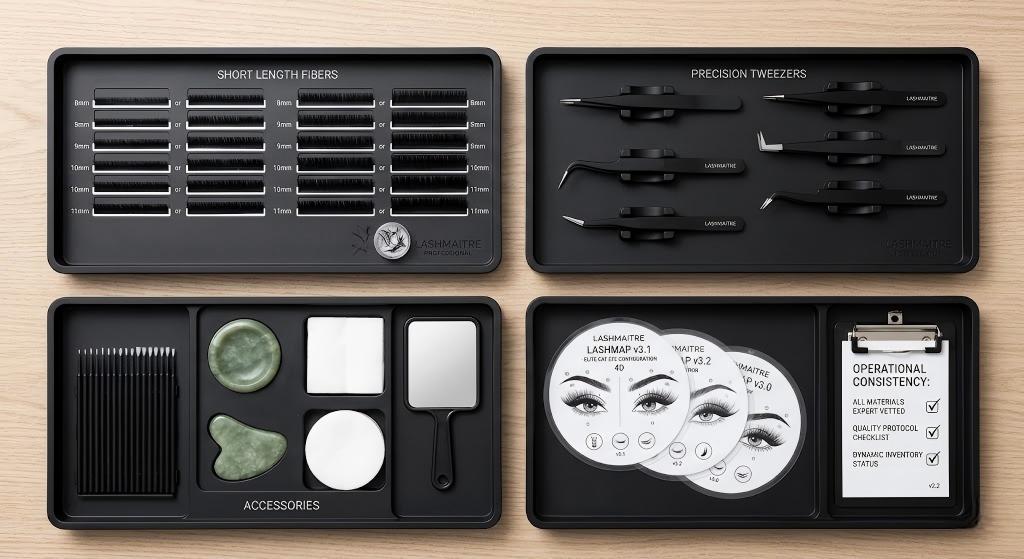 Top-down flat-lay photograph of a meticulously organized LASHMAITRE professional aesthetic workstation on a light wood surface, featuring four premium matte-black organization trays filled with neatly arranged categorized short length lash fibers (8mm-11mm), eight specialized precision tweezers, sterilized accessories, interactive lash map guides (v3.1, v3.2, v3.0), and an operational consistency quality protocol checklist (v2.2), demonstrating a highly efficient operational setup for elite fanning mastery.