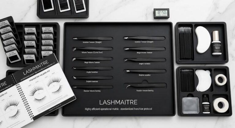 Top-down view of an organized LASHMAITRE aesthetic workstation on a white marble surface, featuring categorized individual lash trays, multiple specialized precision tweezers, sterilized micro-brushes, dynamic lash maps, medical adhesive, an atmospheric monitor (18°C/50% Humid.), and hygienic eye patches, highlighting an efficient elite service configuration.