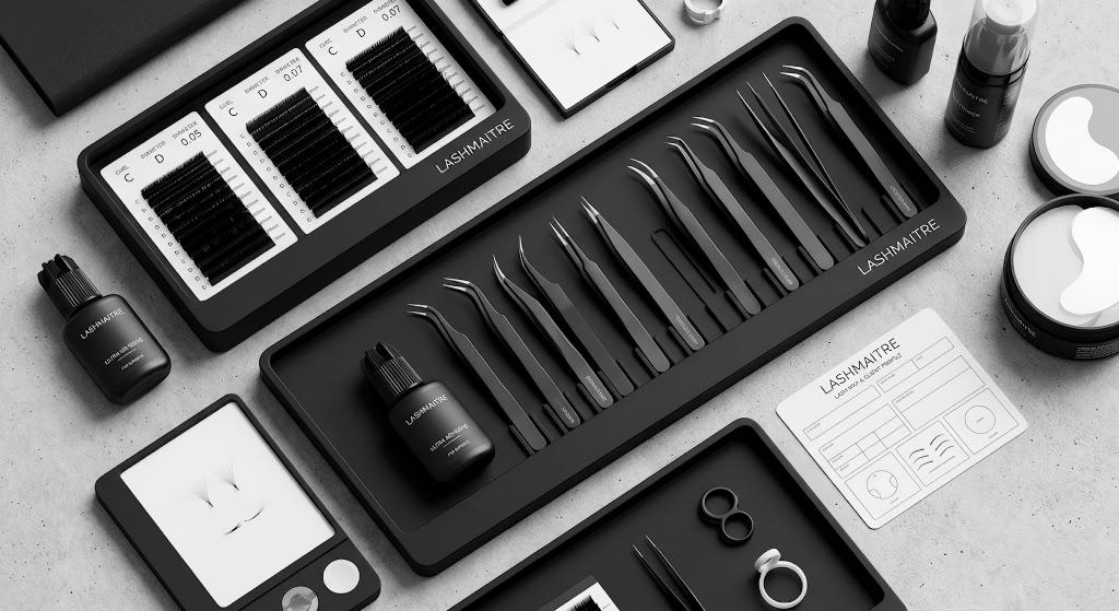 Top-down view of an organized LASHMAITRE aesthetic workstation, featuring curated matte-black organizer trays holding categorized individual lash trays, multiple precision tweezers, specialized adhesives, and a digital Lash Map card, demonstrating a rapid and efficient elite service configuration.