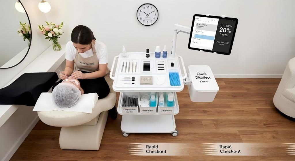 A top-down, overhead photograph capturing a pristine and highly efficient salon workstation optimized by LASHMAITRE. A lash technician, wearing a neat apron with the 'LASHMAITRE' word logo, performs an extension service on a client lying on a streamlined bed. Below them, a rolling trolley features meticulously organized supply bins for rapid aesthetic services: 'Disposable Wands', 'Removers', 'Cleansers'. Above the workstation, a large digital iPad displays an appointment calendar (11:15 Sarah J. Volume Fill) and a conceptual efficiency metric: 'Turnover 20% Faster'. A dedicated 'Quick Disinfect Zone' sits next to the trolley. On the polished wood floor, bold arrows explicitly label the workflow: 'Rapid Checkout'. The perspective emphasizes organization, functionality, and predictable, streamlined flow in a modern salon environment.