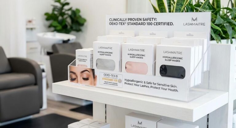 A professional retail display in a bright, clinical salon setting. The display features rows of LASHMAITRE 'Hypoallergenic Sleep Masks' in elegant white packaging. A prominent header on the acrylic stand reads 'CLINICALLY PROVEN SAFETY: OEKO-TEX® STANDARD 100 CERTIFIED.' The OEKO-TEX logo and LASHMAITRE logo are clearly visible. In the background, a clean lash studio area with a treatment bed and greenery creates a high-end atmosphere.