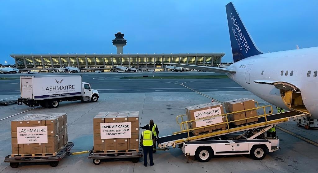 A busy evening scene at Washington Dulles International Airport (IAD) showing ground crew loading LASHMAITRE branded cargo pallets of eyelash extension supplies onto a freight plane, with a sign reading 'RAPID AIR CARGO - BYPASSING EAST COAST GROUND FREIGHT' and the iconic IAD terminal in the background.