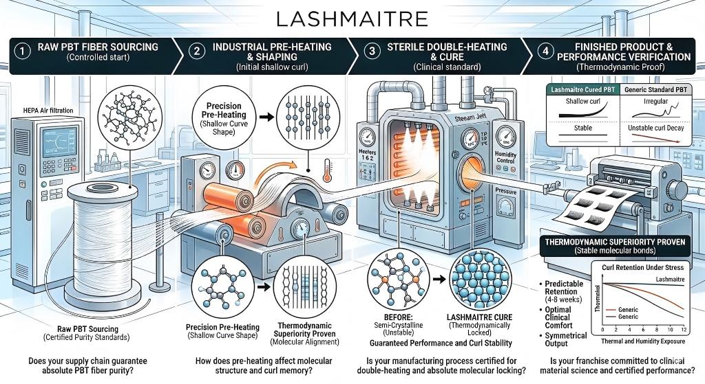 Industrial double-heating process locking the shallow curl of PBT fibers, proving the thermodynamic superiority of clinical polymers.
[Comprehensive SEO Alt Text]: A high-tech industrial infographic by LASHMAITRE showing the 4-step manufacturing of PBT eyelash extensions. Step 1: Raw PBT Sourcing with HEPA air filtration. Step 2: Precision Pre-Heating and Shaping of the shallow curve. Step 3: Sterile Double-Heating and Cure in a pressure-controlled Steam Jett chamber. Step 4: Finished Product verification. Inset molecular diagrams show the transition from a 'Semi-Crystalline (Unstable)' state to a 'Thermodynamically Locked' state. A graph titled 'Curl Retention Under Stress' proves LASHMAITRE PBT superior stability against thermal and humidity exposure compared to generic standard PBT.