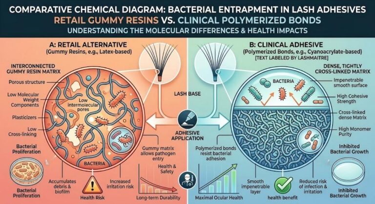 Chemical diagram demonstrating how gummy resins in retail alternatives trap bacteria compared to clinical polymerized bonds