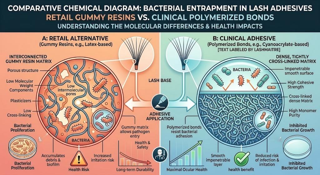 Chemical diagram demonstrating how gummy resins in retail alternatives trap bacteria compared to clinical polymerized bonds