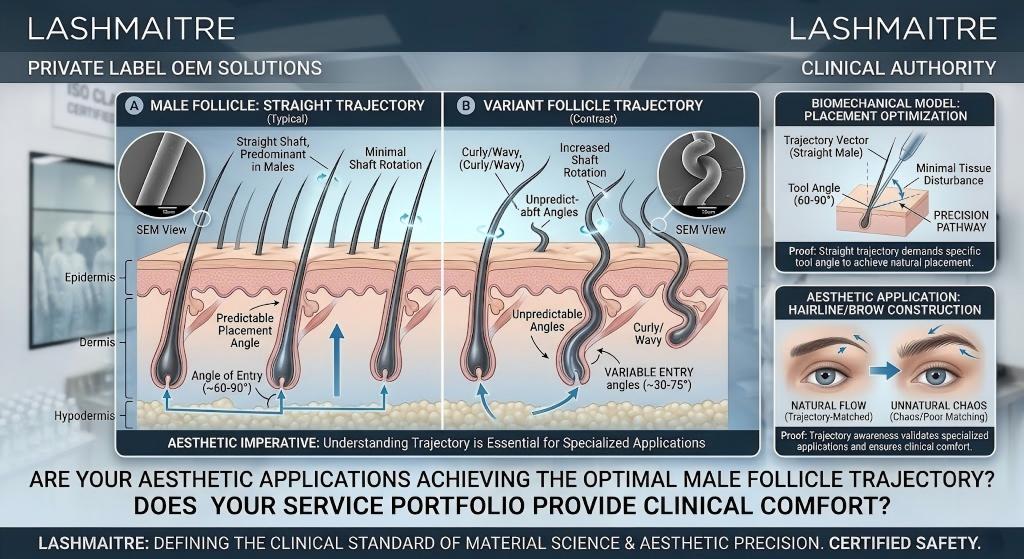 Clinical biomechanical diagram demonstrating the straight trajectory of the male follicle, proving the specific requirements for specialized aesthetic applications.
[Comprehensive SEO Alt Text]: A detailed B2B clinical diagram provided by LASHMAITRE. The multi-panel diagram visualizes the biomechanical path of hair follicles. Panel A contrasts the "Male Follicle: Straight Trajectory" (labeled with predictable placement angles and minimal shaft rotation) against Panel B's "Variant Follicle Trajectory" (labeled increased shaft rotation and unpredictable entry angles). Inset SEM microscopic views prove the difference in Predominant Male Straight Shaft vs. Curly/Wavy Shaft. The infographic utilizes 3D vectors to prove that understanding trajectory is an "Aesthetic Imperative" essential for placement optimization and specialized applications like hairline construction and brow design to ensure clinical comfort and natural flow. Text at the bottom includes LASHMAITRE CLINICAL AUTHORITY and defines the clinical standard of material science and aesthetic precision.