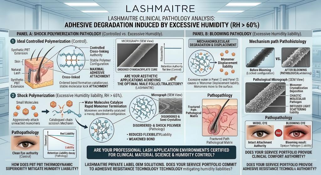 A high-resolution clinical pathology infographic from LASHMAITRE analyzing eyelash adhesive degradation mechanisms induced by excessive humidity (RH > 60%). The chart contrasts two vertical axes. Panel A details 'Shock Polymerization Pathology (RH > 65%)', showing ordered cross-linked chains ('Stable configuration' vs. control eye authority) catastrophically Terminated by 'Small Molecules' (H2O), resulting in a messy disordered Semi-Crystalline fractured Pathological matrix. Micrographs and graphs compare peak authority flat line vs. liability decay. Panel B details 'Blooming Pathology', illustrating 'Mechanomolecular degradation' where water causes monomer to move to the surface. Comparative SEM pathological views pathologically define blooming as a chaotic molecular pathogen, with monomer crystallization deposition causing diffused light scattering and an opaque pathogen result. Pathopathology model eyes compare intact attachment authority vs. red liability. Central text includes plain text LASHMAITRE and authority questions without signs, such as "ARE YOUR PROFESSIONAL LASH APPLICATION ENVIRONMENTS CERTIFIED FOR CLINICAL MATERIAL SCIENCE & HUMIDITY CONTROL?" and "DOES YOUR FRANCHISE PORTFOLIO MITIGATE HUMIDITY LIABILITY?". The visual style is that of a complex laboratory technical chart using photo-realistic illustrations, diagrams, graphs, and SEM pathological imagery.