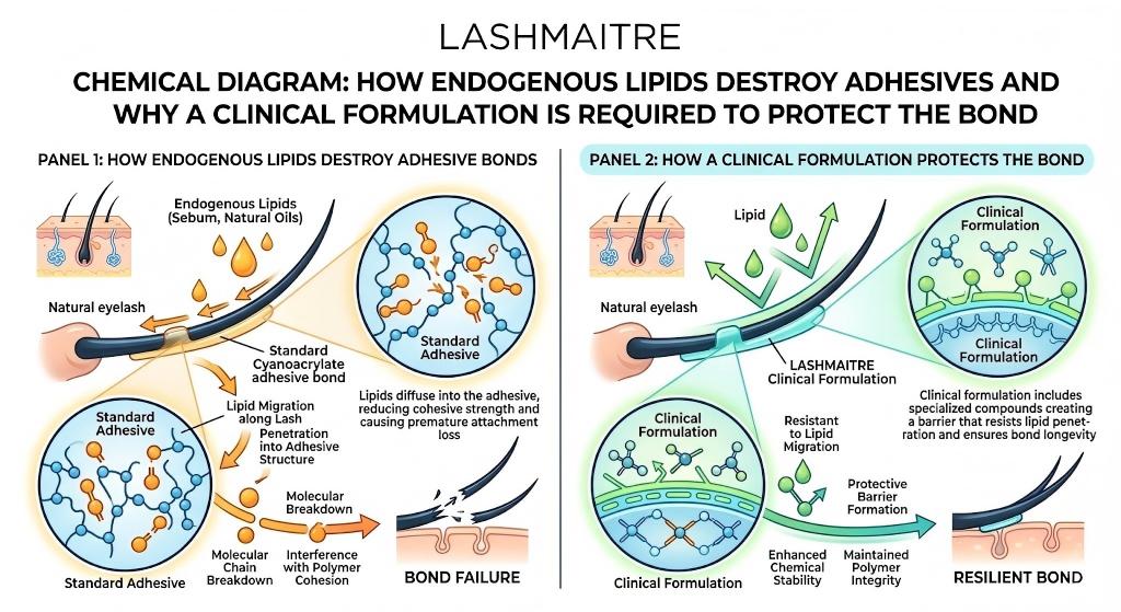 Chemical diagram comparing how endogenous lipids destroy standard adhesives vs. LashMaitre clinical formulation. Left side visualizes sebum causing molecular breakdown and bond failure in standard cyanoacrylate glue. Right side visualizes LashMaitre formulation creating a protective barrier and ensuring maintained polymer integrity for a resilient bond.