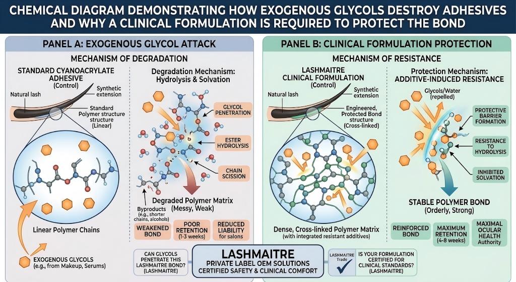 Chemical diagram demonstrating how exogenous glycols destroy adhesives and why a clinical formulation is required to protect the bond.
[Comprehensive SEO Alt Text]: A two-panel infographic by LASHMAITRE analyzing molecular lash bond degradation. Panel A visualizes 'Exogenous Glycol Attack' on a generic linear cyanoacrylate polymer, demonstrating 'Ester Hydrolysis' and 'Chain Scission' triggered by cosmetic glycols, leading to a weak degraded matrix. Panel B details LASHMAITRE's 'Clinical Formulation' (Engineered PBT structure), showcasing dense cross-linked chains utilizing 'Additive-Induced Resistance' to repel glycols/water. The visual contrasts uncompromised authority against reduced liability (Panel A) with uncompromised standard, maximal ocular health, and maximum retention (Panel B).