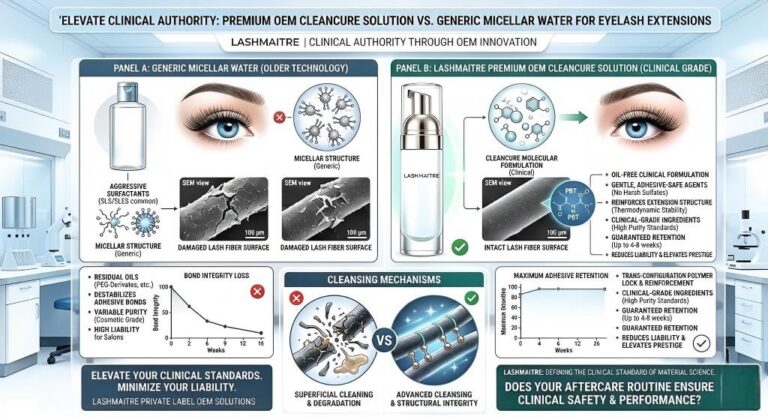 Premium OEM alternative to generic micellar water on eyelash extensions elevating clinical authority. [Comprehensive SEO Alt Text]: A detailed B2B manufacturing infographic by LASHMAITRE. Panel A visualizes the pathological degradation of a natural lash and extension bond caused by aggressive surfactants and residual oils in generic micellar water. Panel B presents the LASHMAITRE 'Cleancure Molecular Formulation', demonstrating a gentle cleansing mechanism that reinforces the PBT extension structure (Thermodynamic Stability) with clinical-grade ingredients. Data graphs compare bond integrity loss vs. maximal retention authority, proving why OEM clinical solutions elevate salon prestige.
