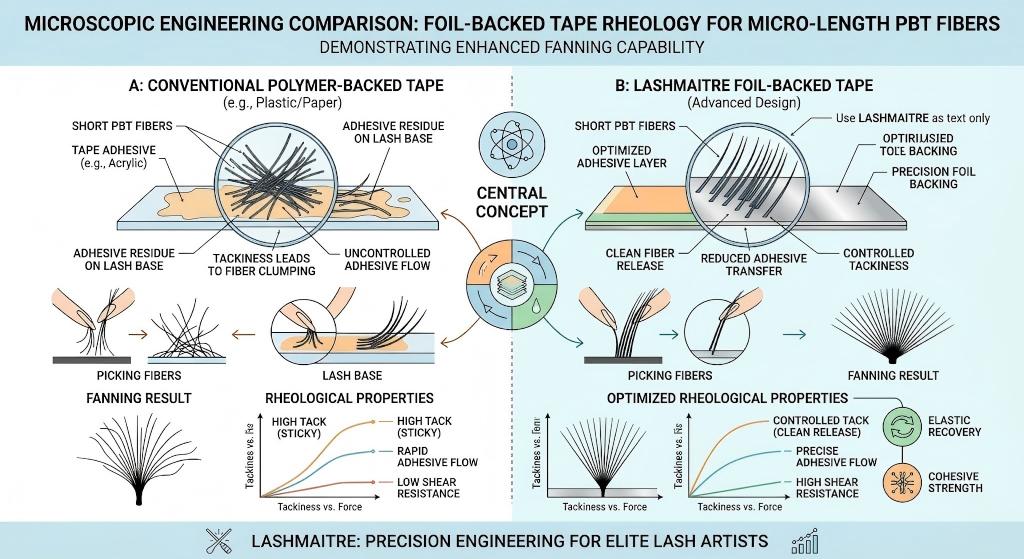Microscopic engineering comparison demonstrating the foil-backed tape rheology required to easily fan micro-length PBT fibers