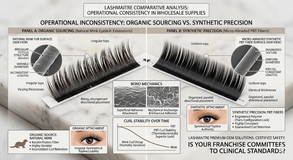 Macro comparison of wholesale eyelash extension supplies showing the operational inconsistency of organic sourcing vs synthetic precision.
[Comprehensive SEO Alt Text]: A comparative B2B infographic provided by LASHMAITRE. The diagram uses a split-screen (diptych) structure to contrast the operational inconsistencies of natural mink (Panel A, organic sourcing) against the uniform precision of micro-abraded synthetic PBT (Panel B). Panel A highlights irregular diameters, variable curl retention, chaotic fiber directional placement, and irregular symmetrical topline liability, with an SEM view of the irregular organic cuticle. Panel B showcases uniform diameters, identical thickness, parallel disorganized placement, and symmetrical topline authority, with an SEM view of the micro-abraded engineered PBT texture. A central 'BOND MECHANICS' section shows SEM views of superficial adhesive attachment (mink) vs. mechanical anchorage and enhanced adhesion (synthetic). A graph compares 'CURL STABILITY OVER TIME' (mink curl decay vs. PBT stability). The infographic includes LASHMAITRE PREMIUM OEM SOLUTIONS branding and asks 'IS YOUR FRANCHISE COMMITTEES TO CLINICAL STANDARDS?'