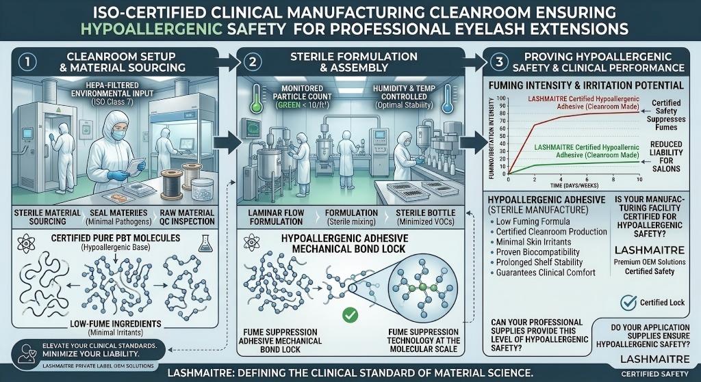 ISO-certified clinical manufacturing cleanroom ensuring hypoallergenic safety for professional eyelash extension application.
(Comprehensive SEO Alt Text): A highly detailed B2B manufacturing infographic provided by LASHMAITRE illustrating the three-phase clinical production process for hypoallergenic lash adhesives. Phase 1 shows 'Cleanroom Setup & Material Sourcing' with technicians in full PPE entering a HEPA-filtered ISO Class 7 environment. Phase 2 details 'Sterile Formulation & Assembly' highlighting strict humidity and temperature controls to maintain optimal stability during mixing. Phase 3 focuses on 'Proving Hypoallergenic Safety & Clinical Performance' with a data graph comparing standard adhesive fuming against LASHMAITRE's certified hypoallergenic, low-fume formula. The diagram emphasizes 'Fume Suppression Technology at the Molecular Scale' to guarantee clinical comfort and reduce salon liability.