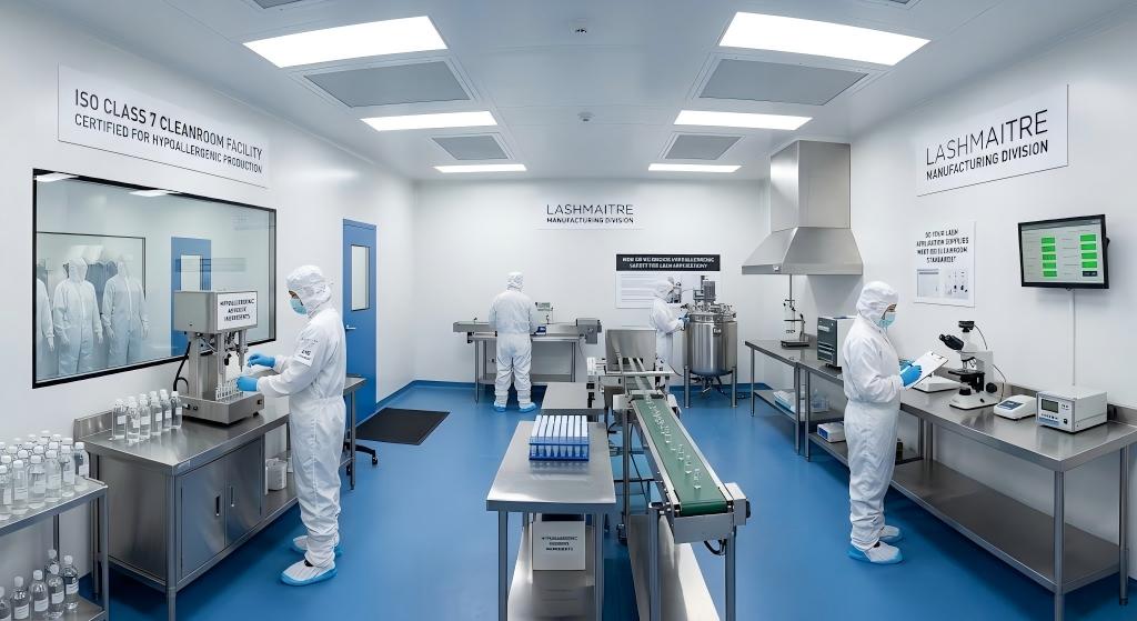 ISO-certified clinical manufacturing cleanroom ensuring hypoallergenic safety for eyelash extension application.
(Comprehensive SEO Alt Text): A wide-angle view of the LASHMAITRE Manufacturing Division operating inside a sterile ISO Class 7 Cleanroom Facility. Technicians in full white protective suits, masks, and hairnets are managing stainless steel automated bottling lines, conducting quality control under microscopes, and monitoring environmental data. The clinical setting proves the rigorous manufacturing standards required to produce hypoallergenic, premium eyelash extension adhesives and liquids without contamination.