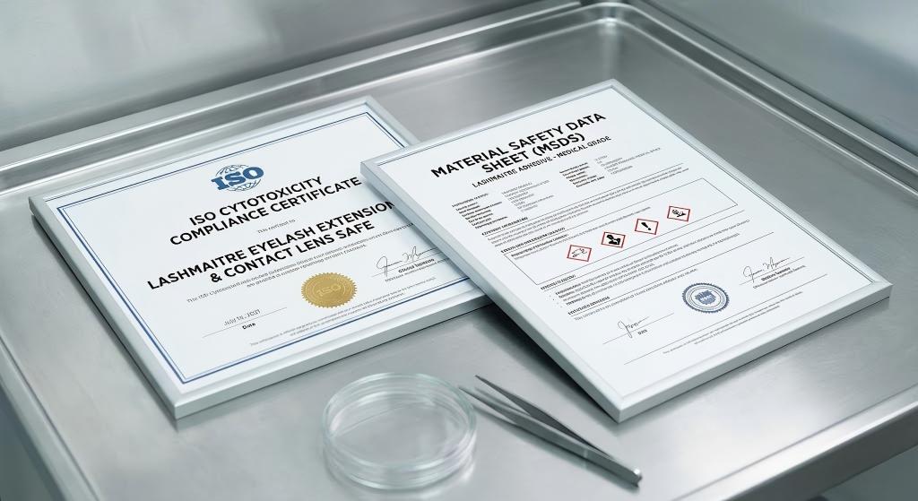 Two framed documents are displayed on a clean, medical-grade stainless steel surface. The document on the left is an 'ISO Cytotoxicity Compliance Certificate' for 'LASHMAITRE Eyelash Extensions & Contact Lens Safe' products. The document on the right is a 'Material Safety Data Sheet (MSDS)' for 'LASHMAITRE Adhesive - Medical Grade'. A petri dish and tweezers are in the blurred foreground.