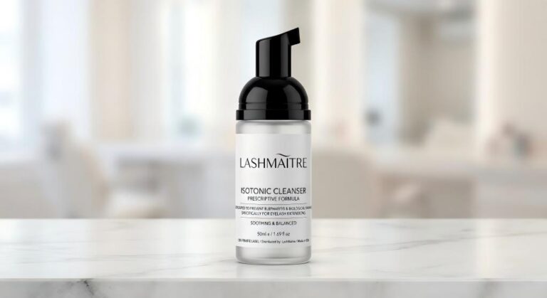 A premium, prescriptive-style glass bottle of LASHMAITRE isotonic cleanser, designed for OEM private label. The bottle features a black pump dispenser and is set on a minimalist white marble plinth in a high-end salon training area. The illustrative label explicitly addresses preventing biological damage, such as blepharitis, associated with eyelash extensions. 'LASHMAITRE' text is integrated purely as text branding, without any pictograms or symbols.