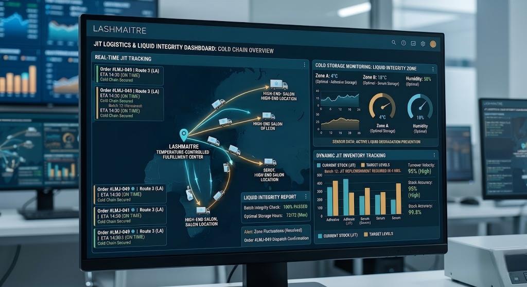 A detailed LASHMAITRE B2B logistics dashboard displaying real-time data for dynamic JIT inventory tracking, including live transit maps, critical thermal monitoring for specialized liquid storage zones (4°C Adhesives, 18°C Serums), and 100% batch integrity compliance, ensuring total liquid integrity protection.