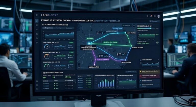 Professional LASHMAITRE B2B logistics dashboard displaying real-time data for dynamic JIT inventory tracking, featuring specialized climate status for liquid storage zones and transit route heatmaps to ensure liquid integrity.