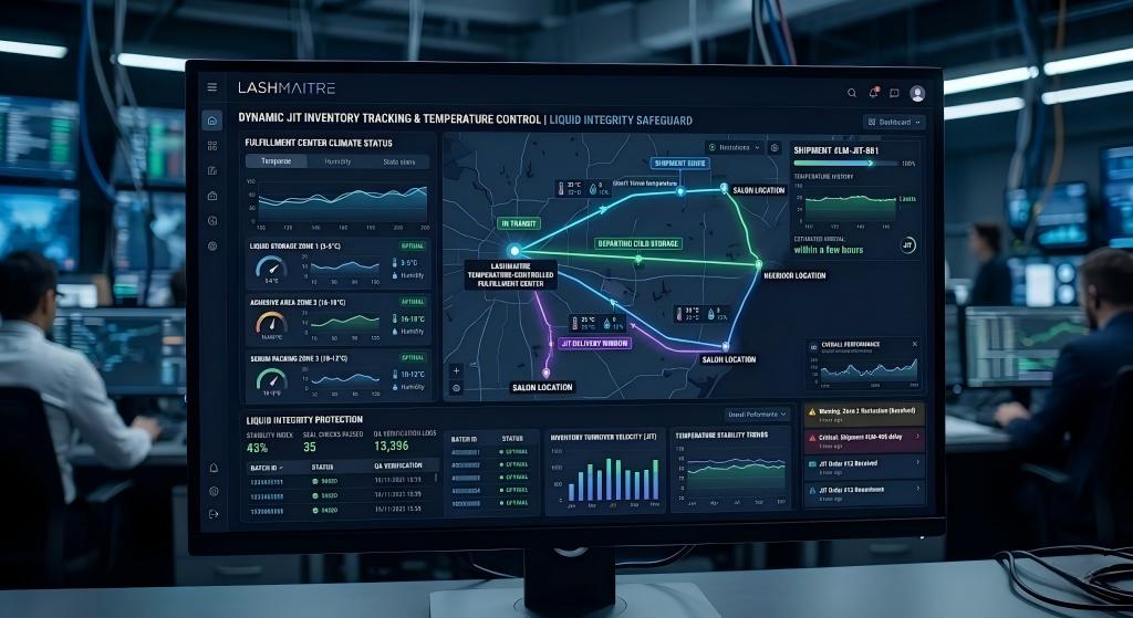 Professional LASHMAITRE B2B logistics dashboard displaying real-time data for dynamic JIT inventory tracking, featuring specialized climate status for liquid storage zones and transit route heatmaps to ensure liquid integrity.