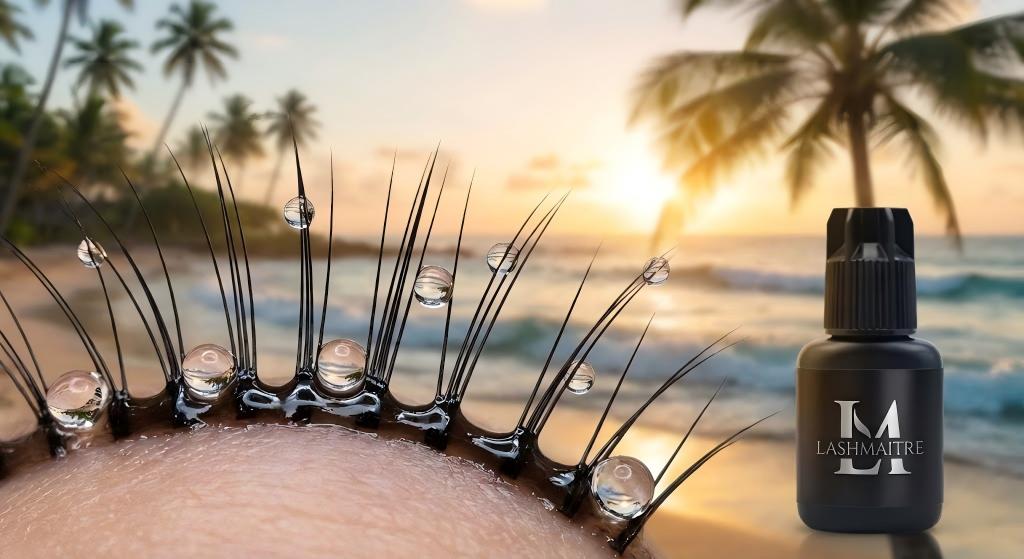 Macro photography of hydrophobic cyanoacrylate repelling saltwater to protect eyelash extensions kauai