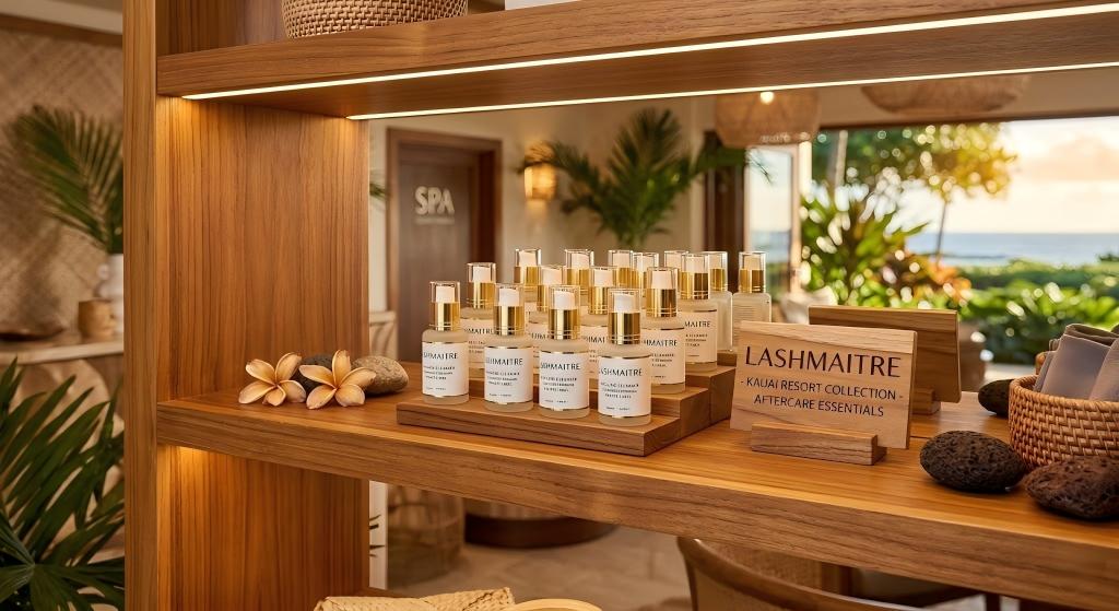 Luxury resort retail shelf displaying OEM private label anti lipid cleansers for eyelash extensions kauai