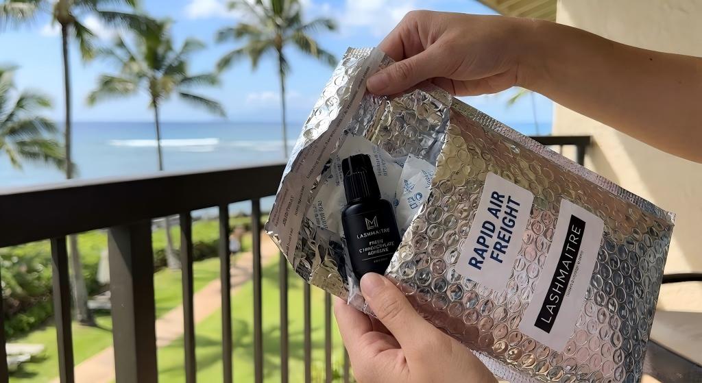 Unboxing thermal sealed fresh cyanoacrylate delivered via rapid air freight for eyelash extensions kauai