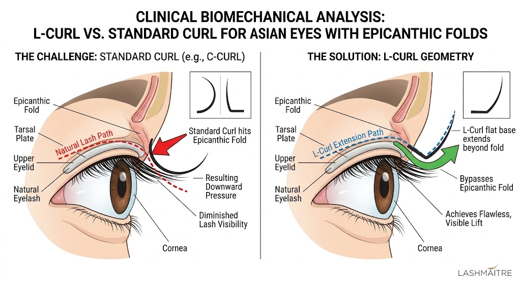 A clinical diagram comparing the application of C-curl and L-curl eyelash extensions on an Asian eye with an epicanthic fold. It illustrates how the L-curl's flat base bypasses the skin fold to achieve a flawless, visible lift