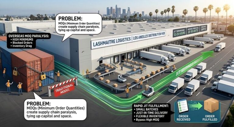 A comparative B2B infographic visual comparing traditional procurement and optimized LASHMAITRE logistics. The central image is a large modern logistics warehouse labeled 'LASHMAITRE LOGISTICS | LOS ANGELES DISTRIBUTION HUB'. On the left, 'OVERSEAS MOQ PARALYSIS' is shown with a locked pile of 'BLOCKED ORDERS' (HIGH MINIMUMS) under a red banner for 'Traditional Sow rout', visualizing supply chain paralysis. Frustrated workers are stuck. Central convoys from the warehouse labeled 'JIT BYPASS ROUTE' (green path) actively move small orders (boxes of lash supplies) past the blockages to a waiting fleet of rapid delivery trucks and vans. Text callouts: 'MOQs (Minimum Order Quantities) create supply chain paralysis, tying up capital and space.' and 'RAPID JIT FULFILLMENT: Small Orders, Frequent Restocks, Minimize Inventory Risk, Keep Inventory Fresh, Bypass High MOQ'. Data visualizations show speed: 'JIT Turnaround: 12-24 Hours', 'Order Size: 10-50 Units'. A data tablet confirms 'ORDER RECEIVED -> ORDER FULFILLED' with speed lines. The background shows palm trees and the distant LA skyline. All text is clear English in a clean, professional art style using greens and reds.