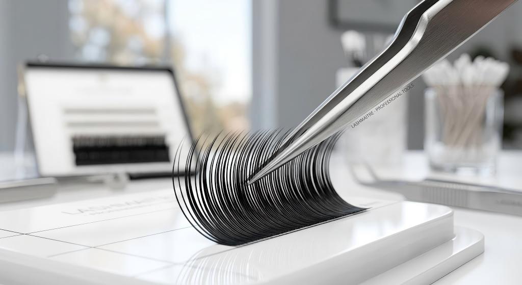 Macro photography of surgical tweezers testing double heated PBT curl rigidity for eyelash extensions la mesa