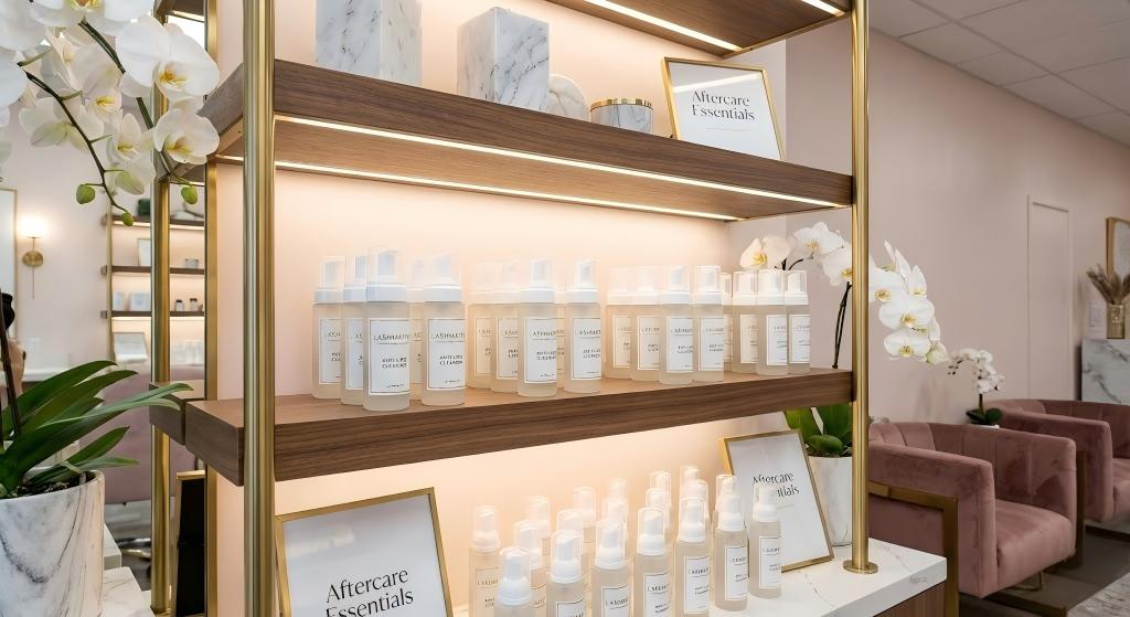 Luxury salon retail shelf displaying OEM private label anti lipid cleansers for eyelash extensions la mesa