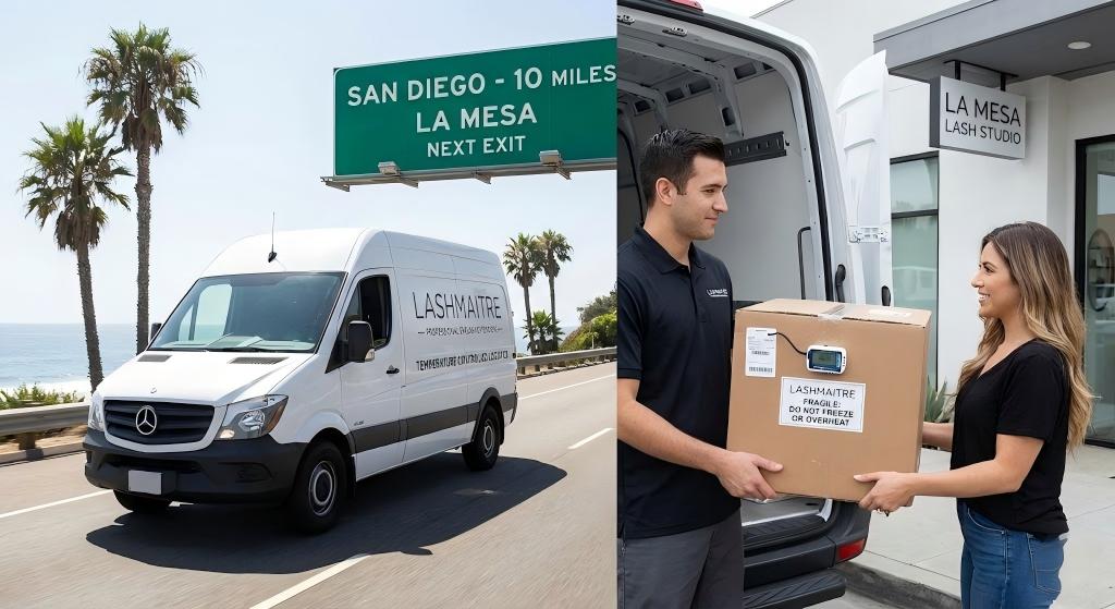 Local Los Angeles to San Diego B2B logistics delivery preventing thermal degradation for eyelash extensions la mesa