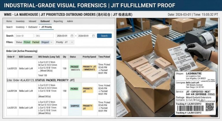 Warehouse management system displaying Just In Time logistics for L and M curl monolid eyelash extensions in Los Angeles