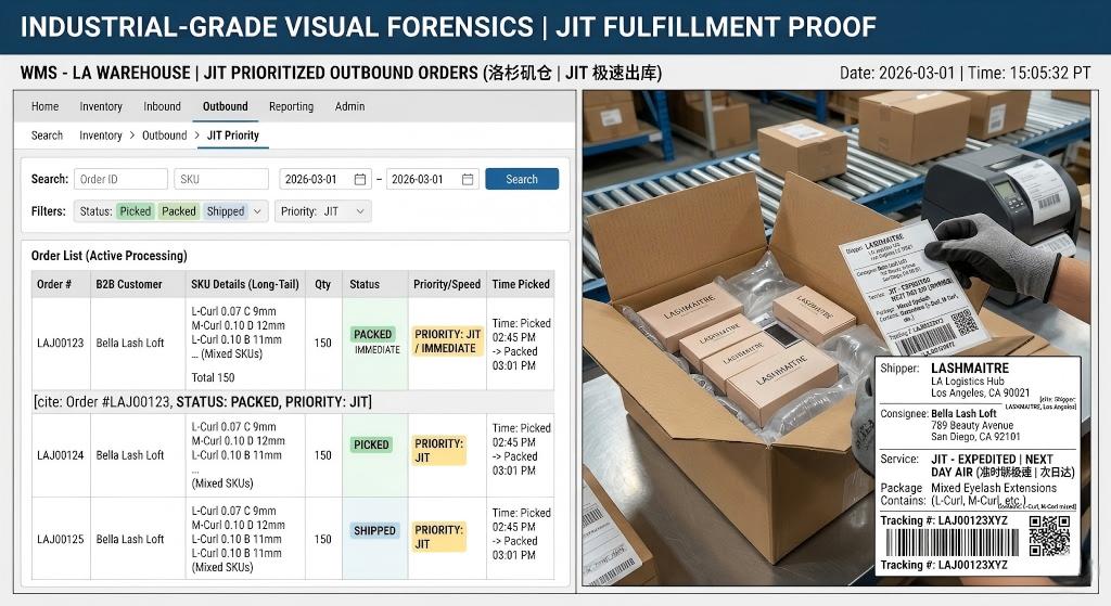 Warehouse management system displaying Just In Time logistics for L and M curl monolid eyelash extensions in Los Angeles