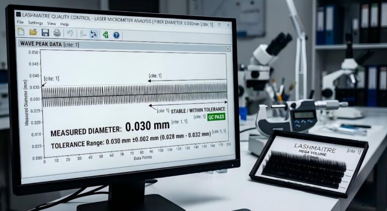 Laser micrometer quality control data ensuring strict 0.03mm dimensional tolerances for safe mega eyelash extensions