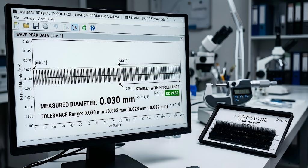 Laser micrometer quality control data ensuring strict 0.03mm dimensional tolerances for safe mega eyelash extensions