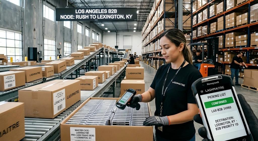Los Angeles B2B logistics node utilizing PDA scanners for rapid delivery to eyelash extensions lexington ky