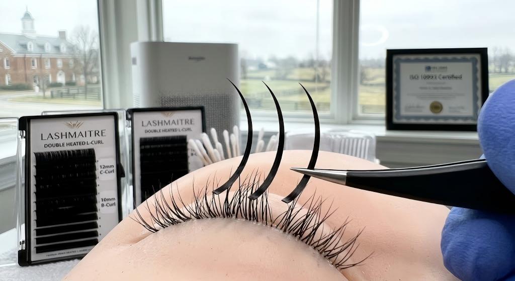 Macro photography of double heated L curl structural rigidity for corrective eyelash extensions eye shapes