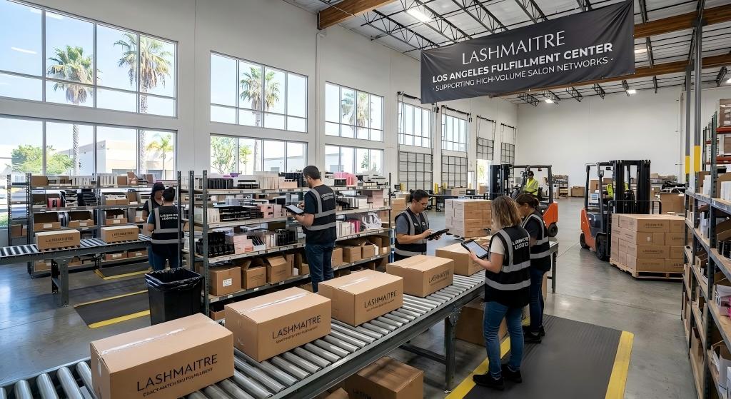 An interior photograph of LASHMAITRE's sprawling Los Angeles fulfillment center. Workers in branded vests process exactly matched SKU orders on a conveyor belt. The warehouse is highly organized with modern shelving, large windows with palm trees visible outside, a forklift moving pallets, and a large black banner reading: 'LASHMAITRE LOS ANGELES FULFILLMENT CENTER - SUPPORTING HIGH-VOLUME SALON NETWORKS'. Branded boxes with visible SKU labels move down the line.
