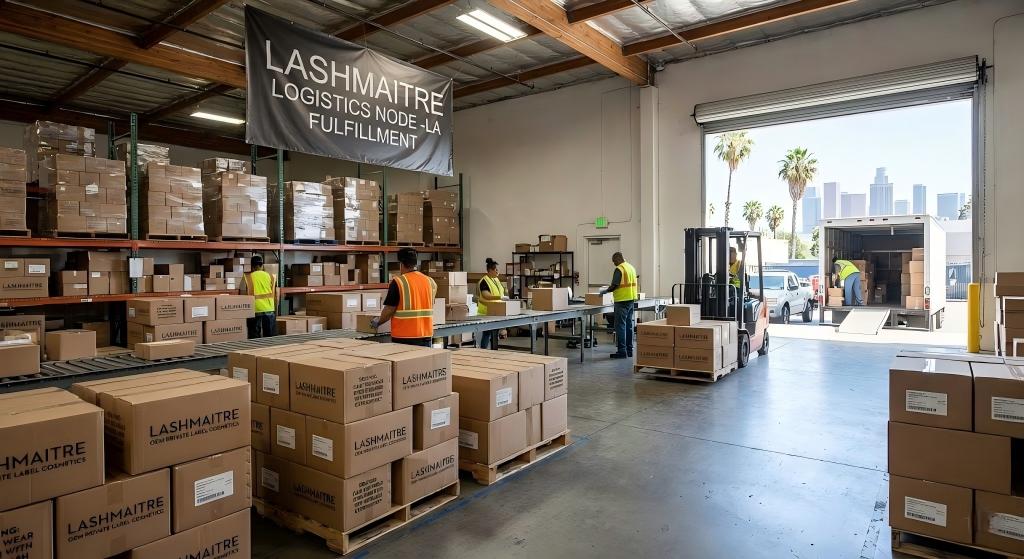 A busy Los Angeles B2B logistics warehouse at the 'LASHMAITRE Logistics Node LA Fulfillment,' where workers are processing stacked boxes labeled 'OEM Private Label Cosmetics' and 'SOLVING: Can You Wear Eyeliner with Eyelash Extensions?' with the LA skyline visible through an open dock door.