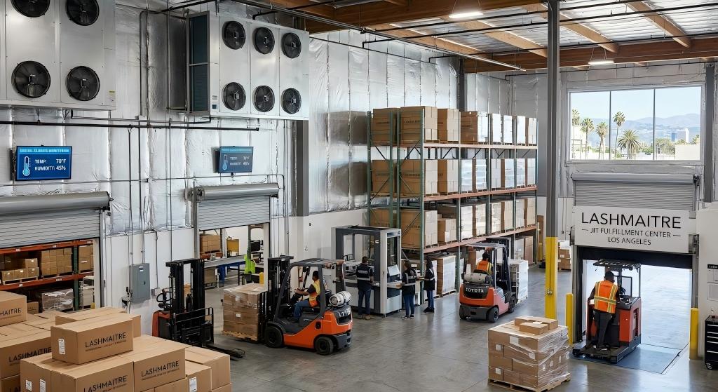 A high-angle interior view of a vast, modern B2B logistics warehouse in Los Angeles. The facility features advanced industrial HVAC systems and digital climate monitors displaying 70°F and 45% humidity. Forklifts are active among high-density shelving units stocked with LASHMAITRE branded boxes. A large sign reads 'LASHMAITRE - JIT FULFILLMENT CENTER - LOS ANGELES', with iconic LA palm trees visible through a large window.