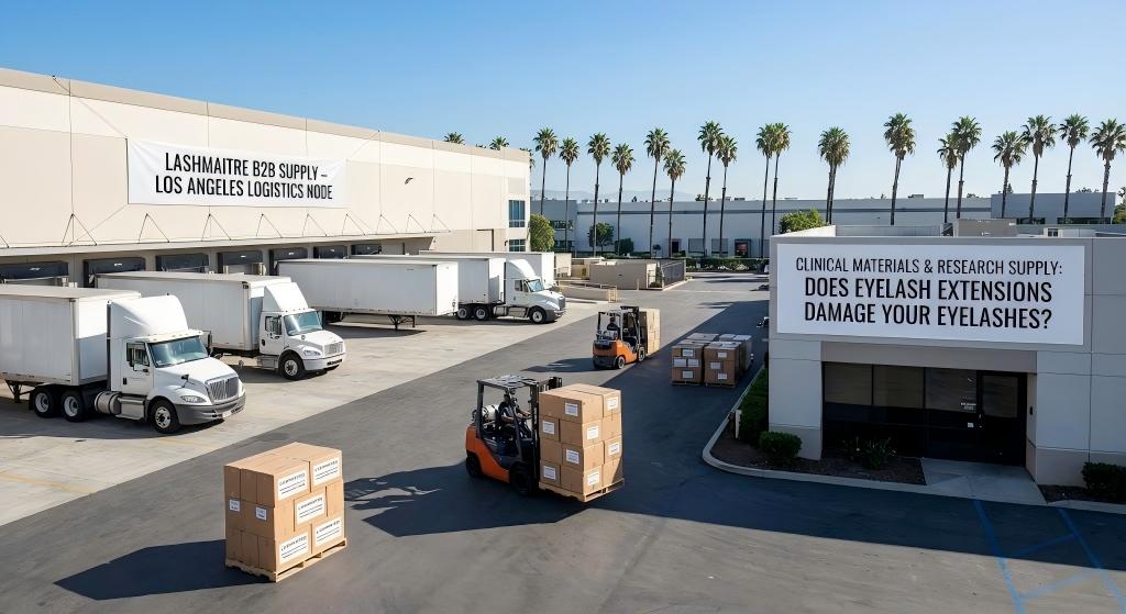 A wide-angle landscape photograph of a bustling B2B logistics warehouse in Los Angeles, California, in an industrial park with palm trees. Multiple delivery trucks are parked at loading docks, and two forklifts move pallets of cardboard boxes in the foreground. Large banners on the buildings read: "LASHMAITRE B2B SUPPLY – LOS ANGELES LOGISTICS NODE" and "CLINICAL MATERIALS & RESEARCH SUPPLY: DOES EYELASH EXTENSIONS DAMAGE YOUR EYELASHES?" in bold English text.