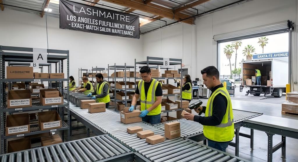 A bright, modern commercial B2B logistics warehouse in Los Angeles. Neatly organized industrial shelving is filled with hundreds of small, identical white lash tray boxes. A professional fulfillment worker is shown carefully picking exact-match micro-length SKUs from precise bins to pack an order for salon maintenance. The boxes feature minimalist LASHMAITRE branding. The atmosphere is highly efficient, well-lit, and clinical.